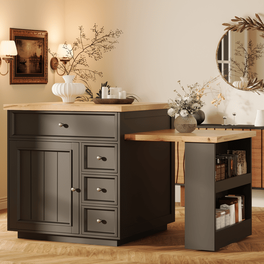 Ilha de cozinha extensível 120-184 cm - com gavetas, rodízios e bancada com efeito de madeira para cozinha e bar - preto