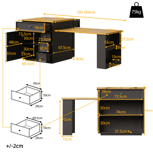 Ilha de cozinha extensível 120-184 cm - com gavetas, rodízios e bancada com efeito de madeira para cozinha e bar - preto