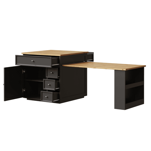 Ilha de cozinha extensível 120-184 cm - com gavetas, rodízios e bancada com efeito de madeira para cozinha e bar - preto