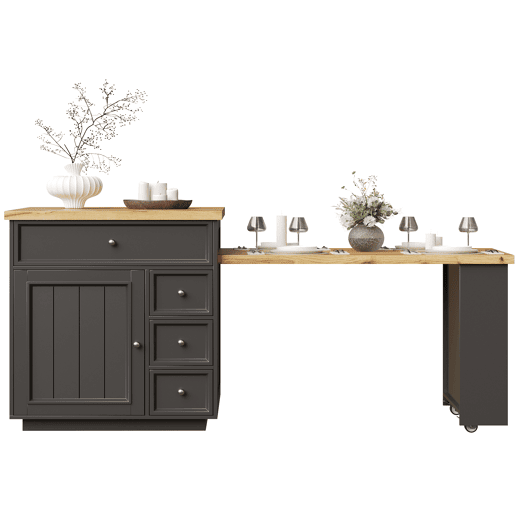 Ilha de cozinha extensível 120-184 cm - com gavetas, rodízios e bancada com efeito de madeira para cozinha e bar - preto