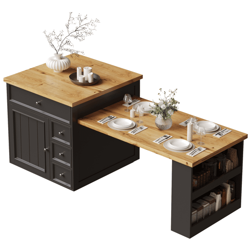Ilha de cozinha extensível 120-184 cm - com gavetas, rodízios e bancada com efeito de madeira para cozinha e bar - preto