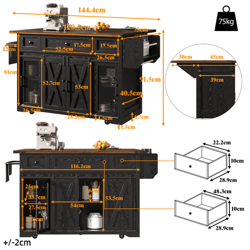 Carrinho de cozinha de ilha 91 cm - bancada extensível com tomada elétrica, capacidade de carga de 75 kg - preto