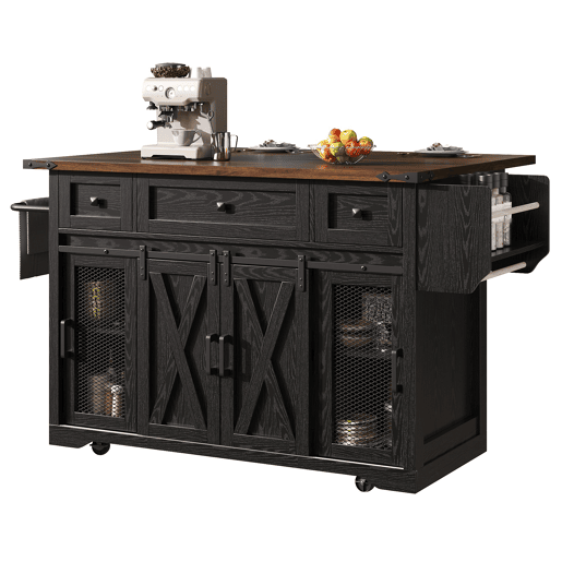 Carrinho de cozinha de ilha 91 cm - bancada extensível com tomada elétrica, capacidade de carga de 75 kg - preto