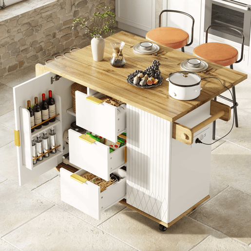 Carrinho de cozinha com bancos de bar sem dimensões específicas - Ilha de cozinha móvel com tomada elétrica e bancos ergonómicos - Branco com efeito de madeira Carrinho de cozinha com bancos de bar sem dimensões específicas - Ilha de cozinha móvel com tomada elétrica e bancos ergonómicos - Branco com efeito de madeira