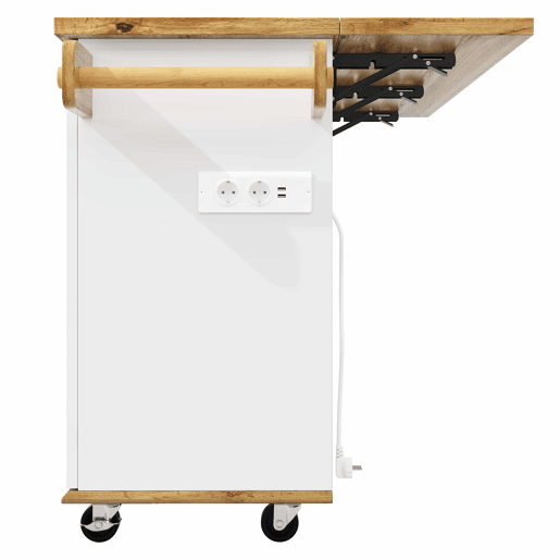 Carrinho de cozinha com bancos de bar sem dimensões específicas - Ilha de cozinha móvel com tomada elétrica e bancos ergonómicos - Branco com efeito de madeira Carrinho de cozinha com bancos de bar sem dimensões específicas - Ilha de cozinha móvel com tomada elétrica e bancos ergonómicos - Branco com efeito de madeira