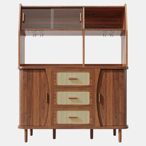 Aparador de cozinha com 174,5 cm - design em rattan com portas de correr em vidro, amplo espaço de arrumação, acabamento em madeira natural estilo nogueira, capacidade de carga de 60 kg - nogueira