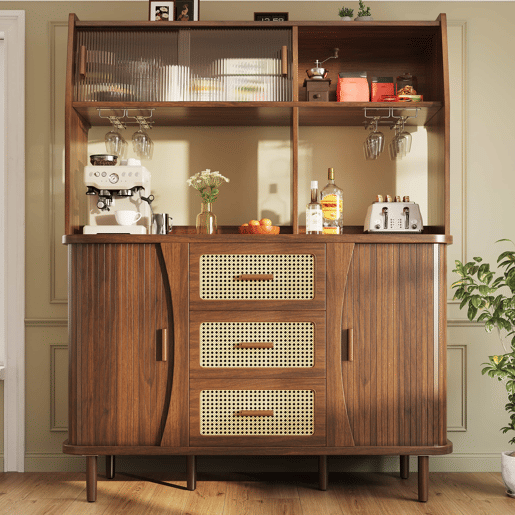 Aparador de cozinha com 174,5 cm - design em rattan com portas de correr em vidro, amplo espaço de arrumação, acabamento em madeira natural estilo nogueira, capacidade de carga de 60 kg - nogueira