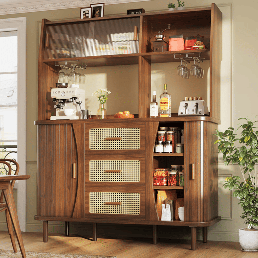Aparador de cozinha com 174,5 cm - design em rattan com portas de correr em vidro, amplo espaço de arrumação, acabamento em madeira natural estilo nogueira, capacidade de carga de 60 kg - nogueira