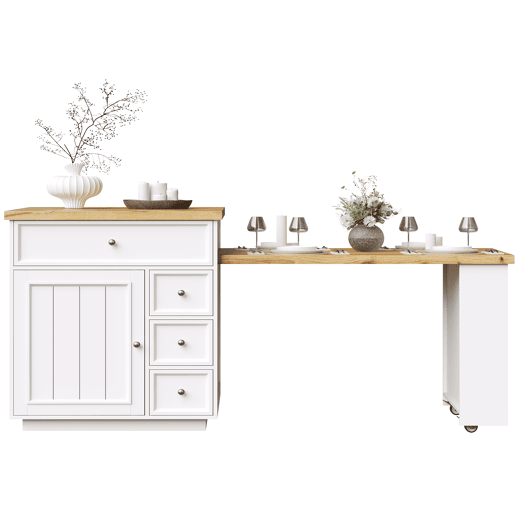 Ilha de cozinha extensível 120-184 cm - com gavetas e rodízios, bancada com efeito de madeira, ilha multifuncional para cozinha, sala de jantar e bar - branca