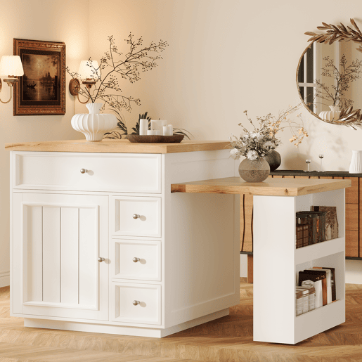 Ilha de cozinha extensível 120-184 cm - com gavetas e rodízios, bancada com efeito de madeira, ilha multifuncional para cozinha, sala de jantar e bar - branca