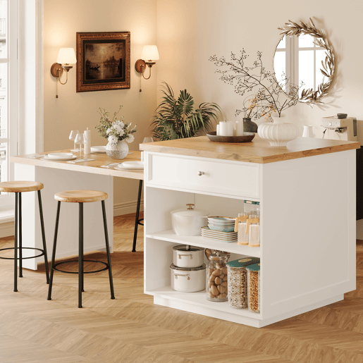 Ilha de cozinha extensível 120-184 cm - com gavetas e rodízios, bancada com efeito de madeira, ilha multifuncional para cozinha, sala de jantar e bar - branca
