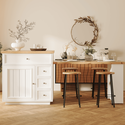 Ilha de cozinha extensível 120-184 cm - com gavetas e rodízios, bancada com efeito de madeira, ilha multifuncional para cozinha, sala de jantar e bar - branca