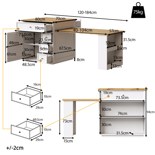 Ilha de cozinha extensível 120-184 cm - com gavetas e rodízios, bancada com efeito de madeira, ilha multifuncional para cozinha, sala de jantar e bar - branca