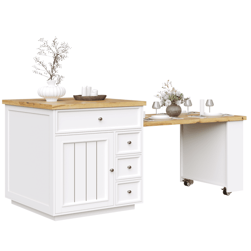 Ilha de cozinha extensível 120-184 cm - com gavetas e rodízios, bancada com efeito de madeira, ilha multifuncional para cozinha, sala de jantar e bar - branca