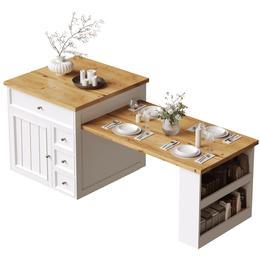 Ilha de cozinha extensível 120-184 cm - com gavetas e rodízios, bancada com efeito de madeira, ilha multifuncional para cozinha, sala de jantar e bar - branca