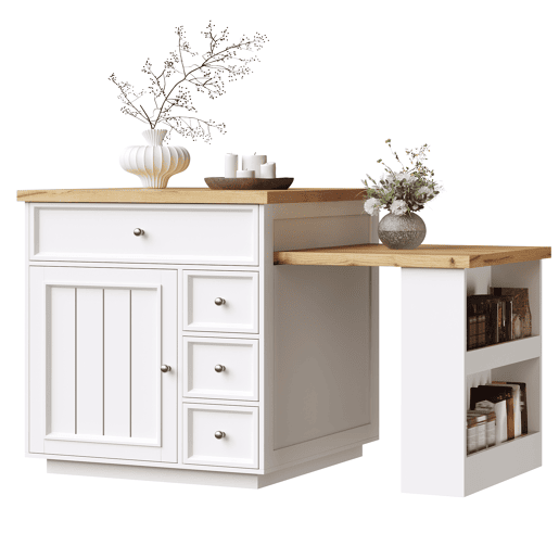 Ilha de cozinha extensível 120-184 cm - com gavetas e rodízios, bancada com efeito de madeira, ilha multifuncional para cozinha, sala de jantar e bar - branca