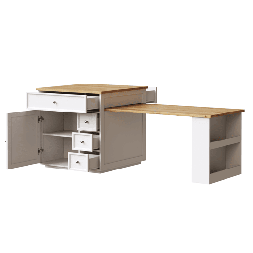 Ilha de cozinha extensível 120-184 cm - com gavetas e rodízios, bancada com efeito de madeira, ilha multifuncional para cozinha, sala de jantar e bar - branca