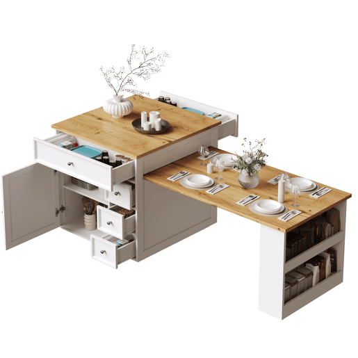 Ilha de cozinha extensível 120-184 cm - com gavetas e rodízios, bancada com efeito de madeira, ilha multifuncional para cozinha, sala de jantar e bar - branca