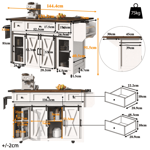 Carro de cozinha com 91 cm de altura - bancada extensível e ligação elétrica - branco