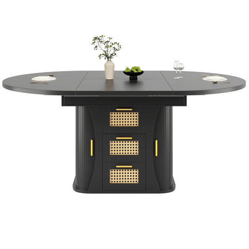 Mesa de jantar extensível 118u2013158 cm - com arrumação, gavetas em rattan, MDF com efeito de madeira - Preto Mesa de jantar extensível 118u2013158 cm - com arrumação, gavetas em rattan, MDF com efeito de madeira - Preto
