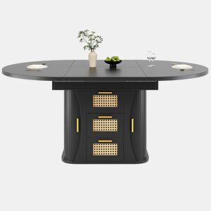 Mesa de jantar extensível 118u2013158 cm - com arrumação, gavetas em rattan, MDF com efeito de madeira - Preto