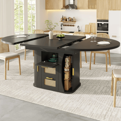 Mesa de jantar extensível 118u2013158 cm - com arrumação, gavetas em rattan, MDF com efeito de madeira - Preto Mesa de jantar extensível 118u2013158 cm - com arrumação, gavetas em rattan, MDF com efeito de madeira - Preto