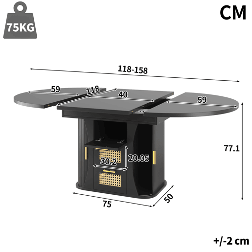 Mesa de jantar extensível 118u2013158 cm - com arrumação, gavetas em rattan, MDF com efeito de madeira - Preto Mesa de jantar extensível 118u2013158 cm - com arrumação, gavetas em rattan, MDF com efeito de madeira - Preto