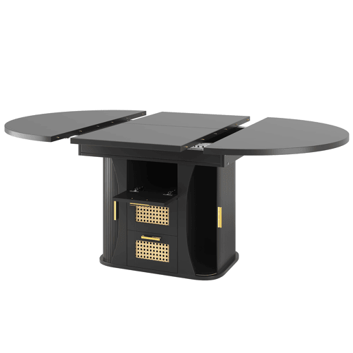 Mesa de jantar extensível 118u2013158 cm - com arrumação, gavetas em rattan, MDF com efeito de madeira - Preto Mesa de jantar extensível 118u2013158 cm - com arrumação, gavetas em rattan, MDF com efeito de madeira - Preto