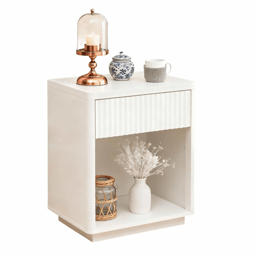 Mesa de cabeceira - com gaveta e prateleira aberta, design moderno com painéis ondulados, madeira resistente, montagem fácil - Branco