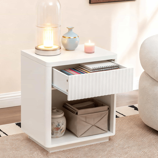 Mesa de cabeceira - com gaveta e prateleira aberta, design moderno com painéis ondulados, madeira resistente, montagem fácil - Branco