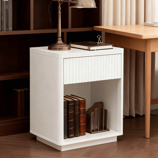 Mesa de cabeceira - com gaveta e prateleira aberta, design moderno com painéis ondulados, madeira resistente, montagem fácil - Branco