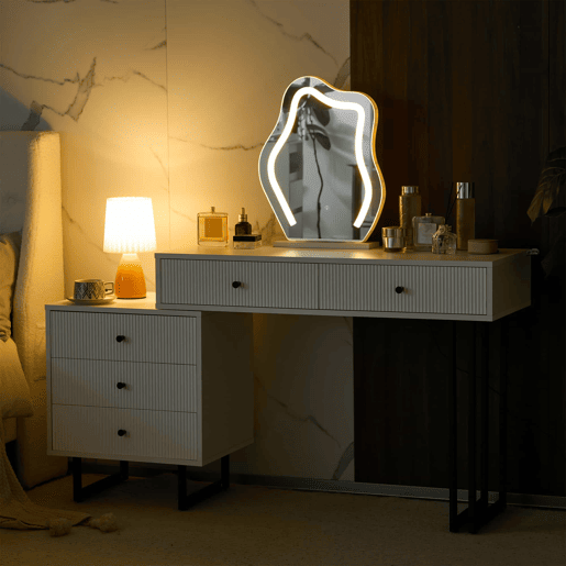 Penteadeira 100x76x40 cm - com espelho, iluminação LED de 3 cores e tampo extensível - Branco