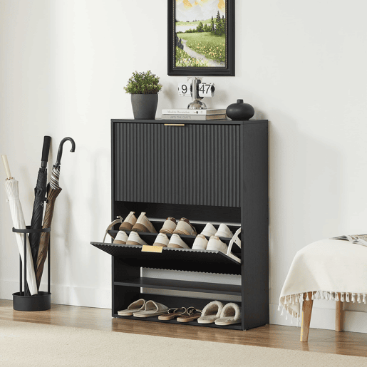 Aparador 80 x 24 cm - frente com ranhuras, prateleiras ajustáveis, sistema anti-tombamento, consola decorativa para a entrada - Preto Aparador 80 x 24 cm - frente com ranhuras, prateleiras ajustáveis, sistema anti-tombamento, consola decorativa para a entrada - Preto