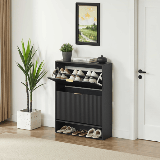 Aparador 80 x 24 cm - frente com ranhuras, prateleiras ajustáveis, sistema anti-tombamento, consola decorativa para a entrada - Preto Aparador 80 x 24 cm - frente com ranhuras, prateleiras ajustáveis, sistema anti-tombamento, consola decorativa para a entrada - Preto