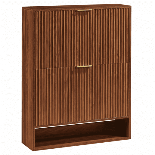 Aparador 80 x 24 cm - frente canelada, prateleiras reguláveis em altura, sistema anti-tombamento, mesa decorativa para a entrada - nogueira Aparador 80 x 24 cm - frente canelada, prateleiras reguláveis em altura, sistema anti-tombamento, mesa decorativa para a entrada - nogueira
