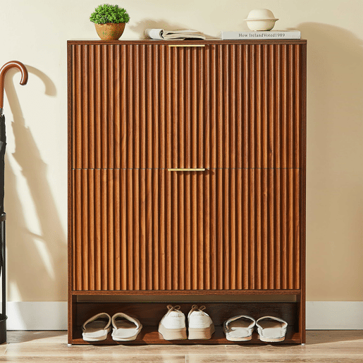 Aparador 80 x 24 cm - frente canelada, prateleiras reguláveis em altura, sistema anti-tombamento, mesa decorativa para a entrada - nogueira Aparador 80 x 24 cm - frente canelada, prateleiras reguláveis em altura, sistema anti-tombamento, mesa decorativa para a entrada - nogueira