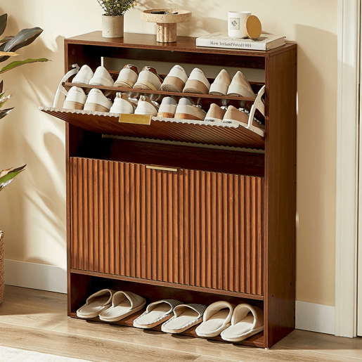 Aparador 80 x 24 cm - frente canelada, prateleiras reguláveis em altura, sistema anti-tombamento, mesa decorativa para a entrada - nogueira Aparador 80 x 24 cm - frente canelada, prateleiras reguláveis em altura, sistema anti-tombamento, mesa decorativa para a entrada - nogueira
