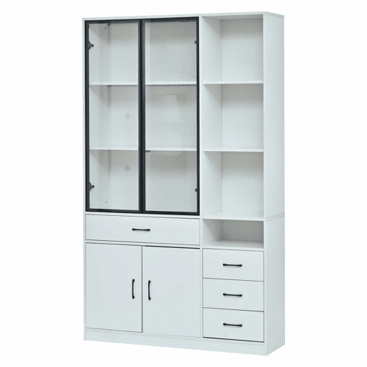 Vitrine alta 120 x 35 x 200 cm - 13 compartimentos, 4 gavetas, portas com LED - Branco Vitrine alta 120 x 35 x 200 cm - 13 compartimentos, 4 gavetas, portas com LED - Branco