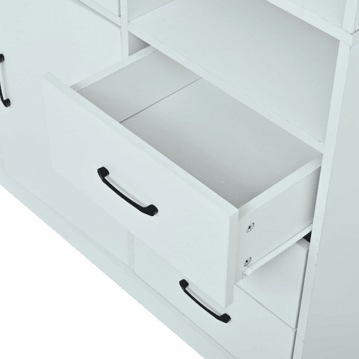 Vitrine alta 120 x 35 x 200 cm - 13 compartimentos, 4 gavetas, portas com LED - Branco Vitrine alta 120 x 35 x 200 cm - 13 compartimentos, 4 gavetas, portas com LED - Branco