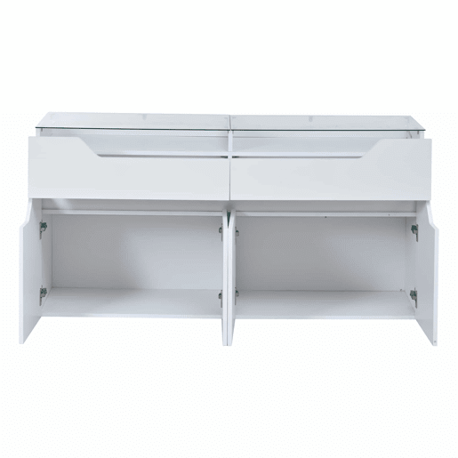 Aparador 140 x 40 x 70 cm - 2 gavetas, tampo em vidro temperado, estrutura em MDF - Branco Aparador 140 x 40 x 70 cm - 2 gavetas, tampo em vidro temperado, estrutura em MDF - Branco