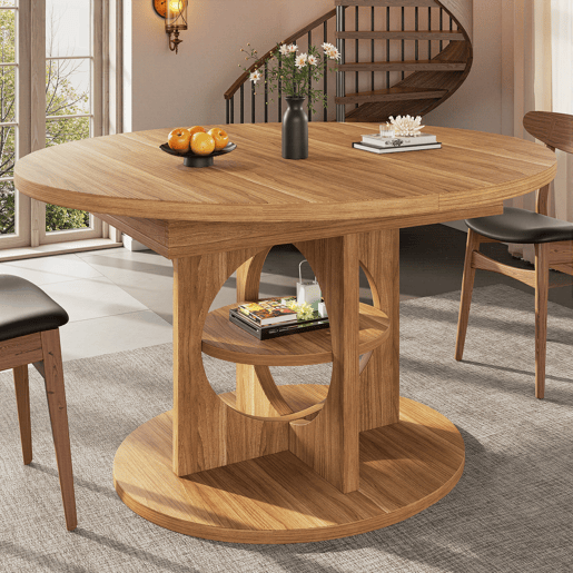 Mesa de jantar extensível 110u2013150 cm - com espaço de arrumação, transformável de redonda em oval, acabamento em madeira e preto, capacidade de carga de 60 kg - madeira Mesa de jantar extensível 110u2013150 cm - com espaço de arrumação, transformável de redonda em oval, acabamento em madeira e preto, capacidade de carga de 60 kg - madeira