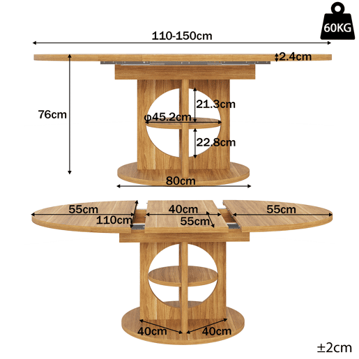 Mesa de jantar extensível 110u2013150 cm - com espaço de arrumação, transformável de redonda em oval, acabamento em madeira e preto, capacidade de carga de 60 kg - madeira Mesa de jantar extensível 110u2013150 cm - com espaço de arrumação, transformável de redonda em oval, acabamento em madeira e preto, capacidade de carga de 60 kg - madeira