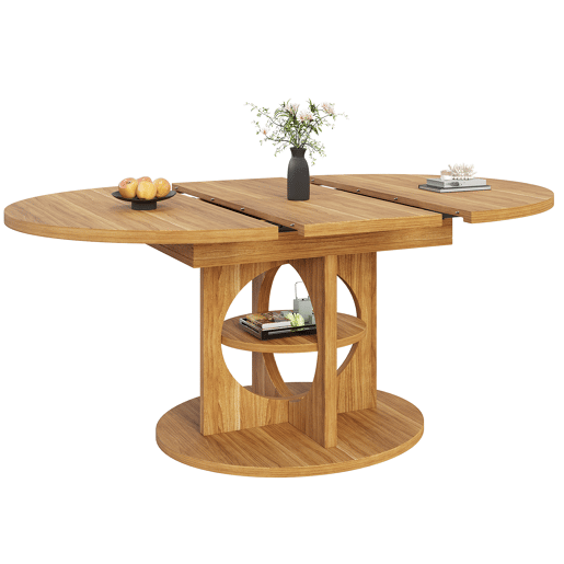 Mesa de jantar extensível 110u2013150 cm - com espaço de arrumação, transformável de redonda em oval, acabamento em madeira e preto, capacidade de carga de 60 kg - madeira Mesa de jantar extensível 110u2013150 cm - com espaço de arrumação, transformável de redonda em oval, acabamento em madeira e preto, capacidade de carga de 60 kg - madeira