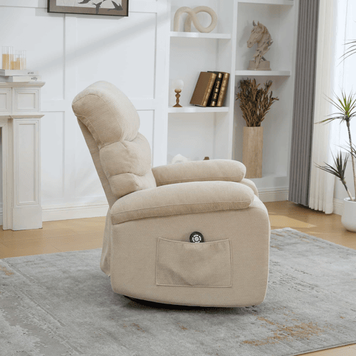 Poltrona relax elétrica giratória a 360° com função de massagem e aquecimento, encosto e apoio para os pés reclináveis e ajustáveis com bolsos laterais - Castanho-claro