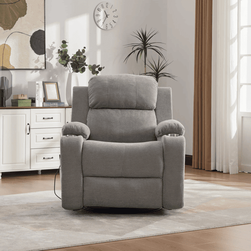 Poltrona relax elétrica giratória a 360° - função de massagem e aquecimento, encosto reclinável ajustável, apoio para os pés extensível, bolsos laterais e porta-copos - cinzenta