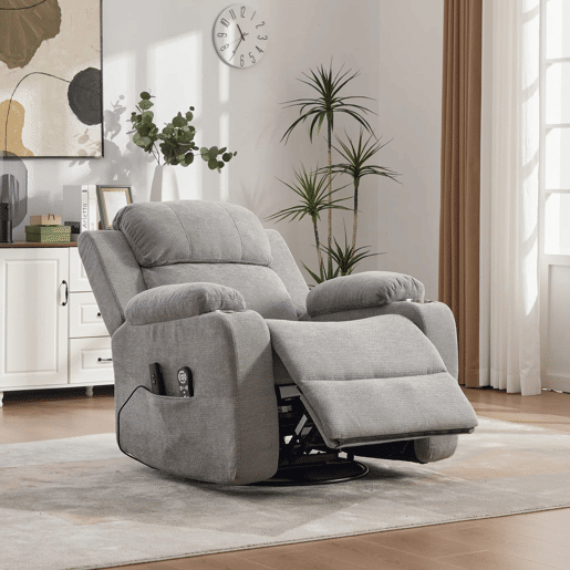 Poltrona relax elétrica giratória a 360° - função de massagem e aquecimento, encosto reclinável ajustável, apoio para os pés extensível, bolsos laterais e porta-copos - cinzenta