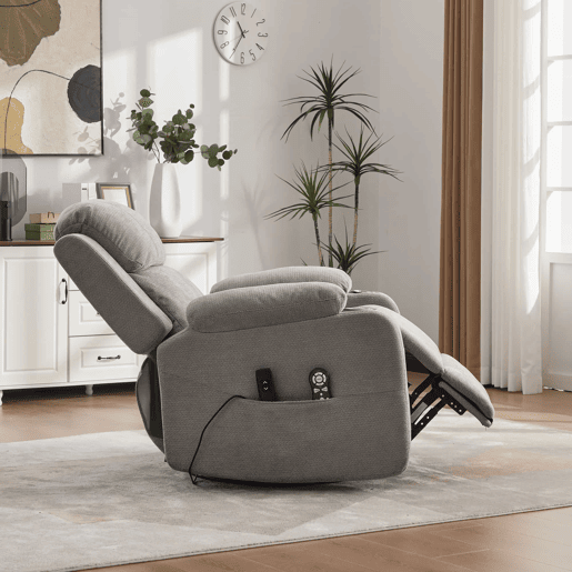 Poltrona relax elétrica giratória a 360° - função de massagem e aquecimento, encosto reclinável ajustável, apoio para os pés extensível, bolsos laterais e porta-copos - cinzenta