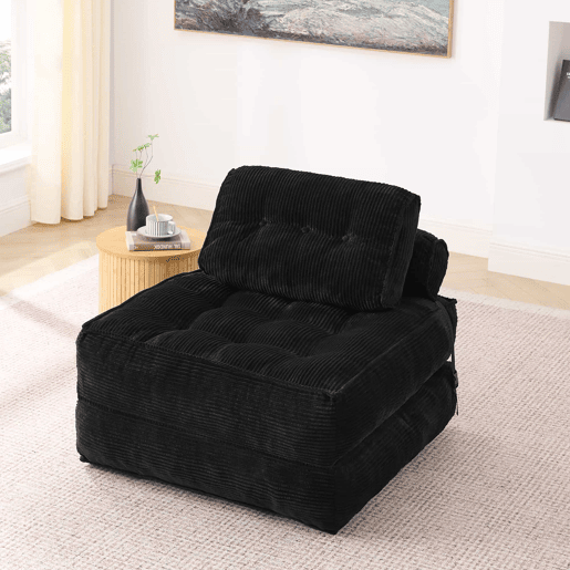Poltrona de chão dobrável 2 em 1 em veludo - Poltrona-cama conversível com encosto ajustável, sofá-cama para convidados e poltrona de estar multifuncional - Preto