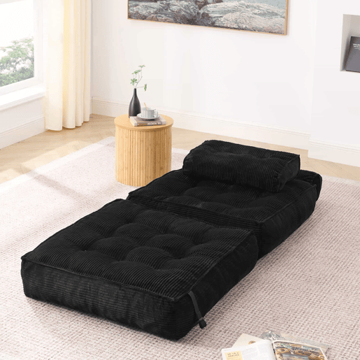 Poltrona de chão dobrável 2 em 1 em veludo - Poltrona-cama conversível com encosto ajustável, sofá-cama para convidados e poltrona de estar multifuncional - Preto