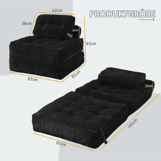 Poltrona de chão dobrável 2 em 1 em veludo - Poltrona-cama conversível com encosto ajustável, sofá-cama para convidados e poltrona de estar multifuncional - Preto